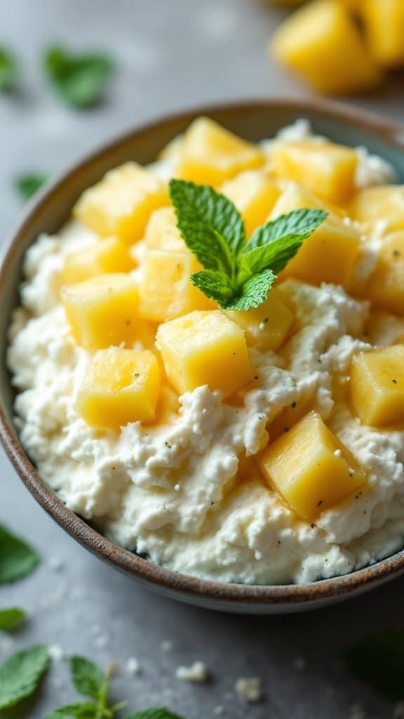 A bowl of cottage cheese topped with pineapple chunks and a sprig of mint.