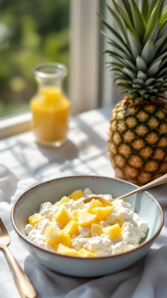 A bowl of cottage cheese topped with pineapple chunks, with a whole pineapple in the background and a small jar of pineapple juice