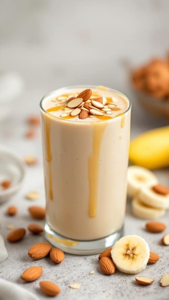 A creamy banana almond butter smoothie topped with sliced almonds and honey, surrounded by almonds and banana slices.