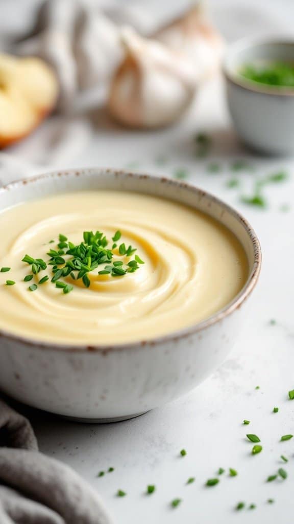 A bowl of creamy cauliflower and garlic soup topped with fresh chives, with garlic cloves in the background.