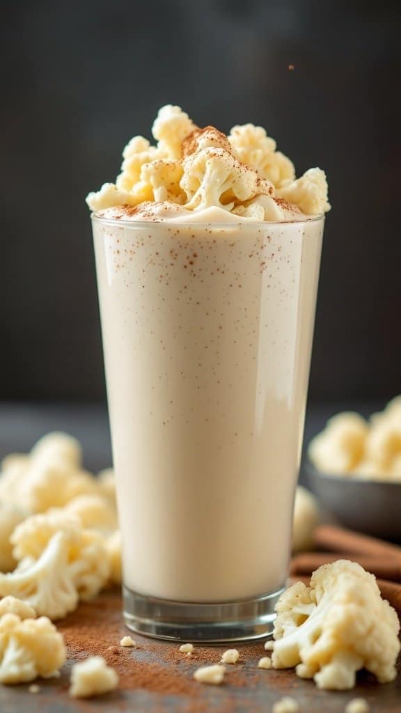 A tall glass of creamy cauliflower smoothie topped with cauliflower florets and cinnamon, surrounded by fresh cauliflower.