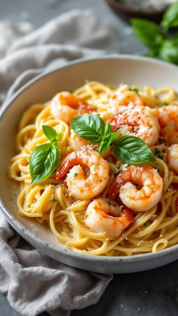 A plate of creamy garlic Tuscan shrimp with pasta, garnished with basil leaves and parmesan cheese.
