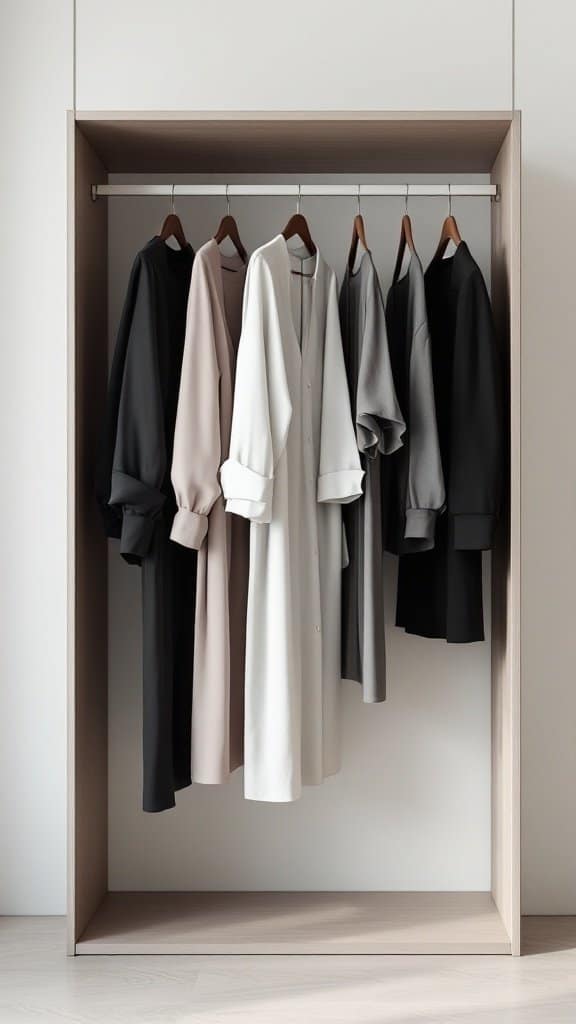 A minimalist wardrobe featuring a selection of neutral-colored clothing neatly arranged on hangers.
