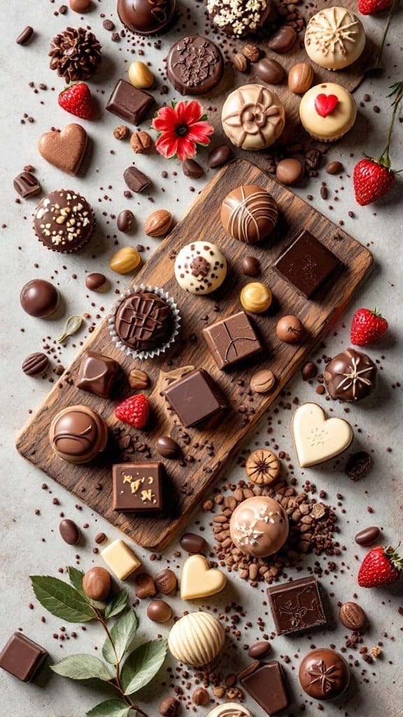 An assortment of chocolates and toppings arranged on a dark surface, perfect for a chocolate tasting experience.