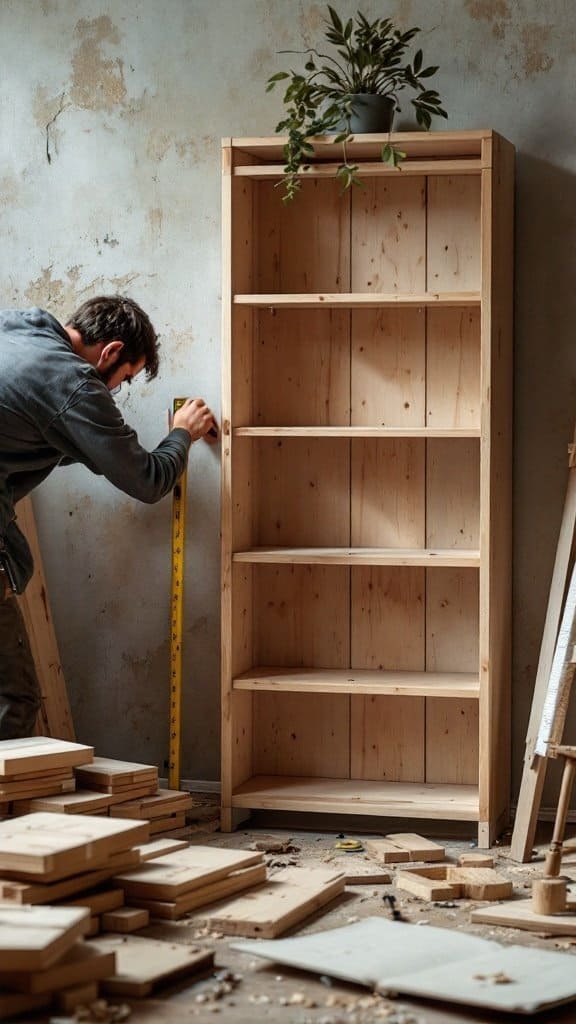A person measuring a partially assembled wooden bookshelf in a workshop
