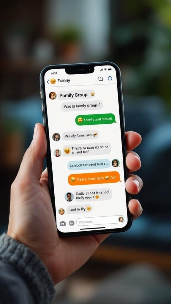 A smartphone displaying a lively family group chat with messages and emojis.