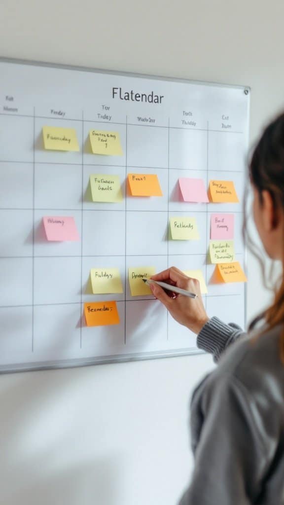 A person organizing their weekly tasks using a flatendar with colorful sticky notes.