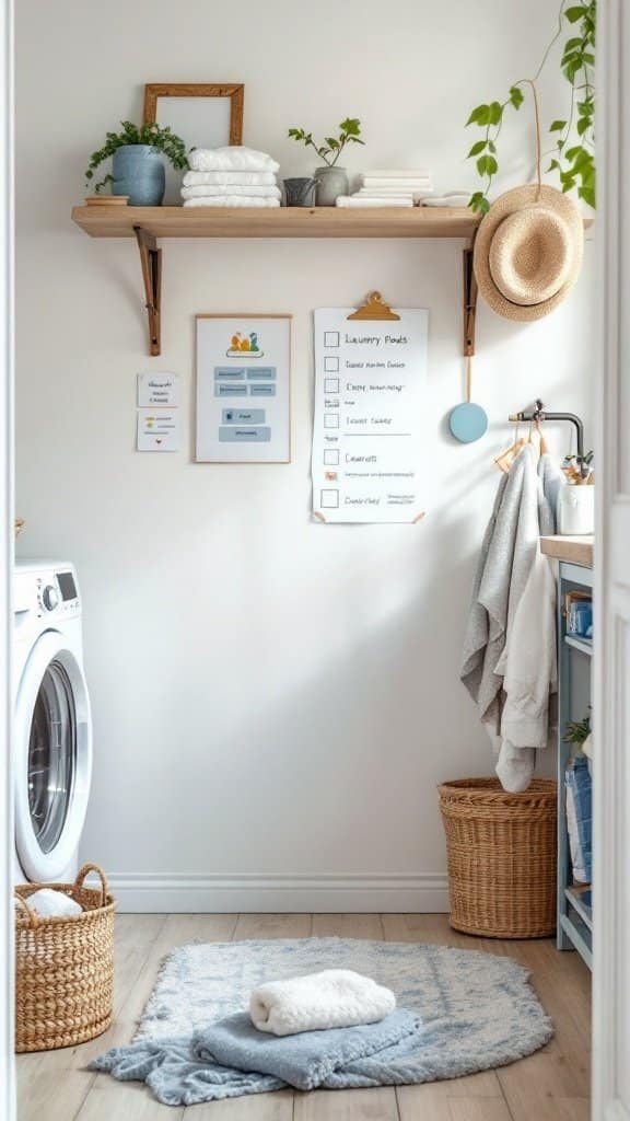 A cozy laundry space featuring a shelf with neatly stacked towels, a checklist for laundry tasks, and a warm ambiance.