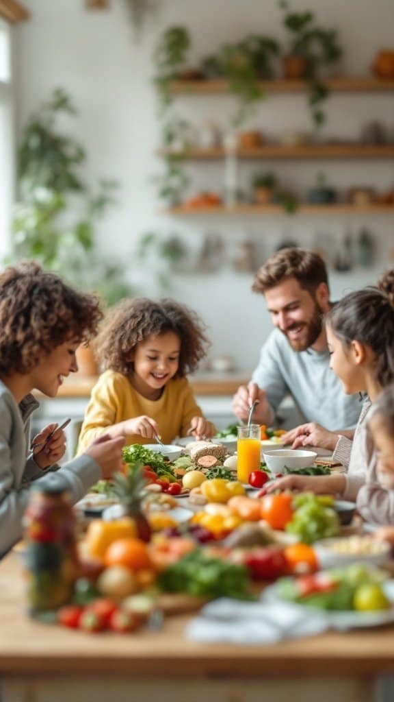 A family enjoying a healthy meal together with colorful vegetables and fruits on the table.