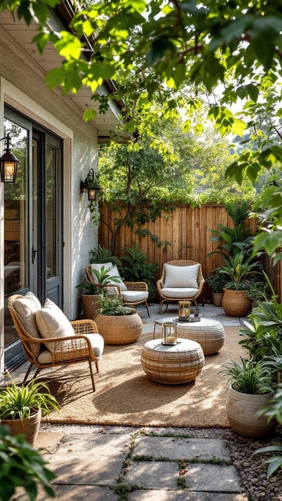 Cozy outdoor patio with comfortable seating and potted plants