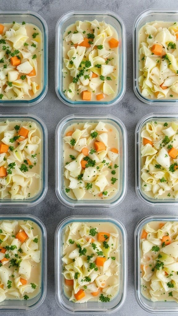 Glass containers filled with cabbage soup, garnished with parsley and vegetables.