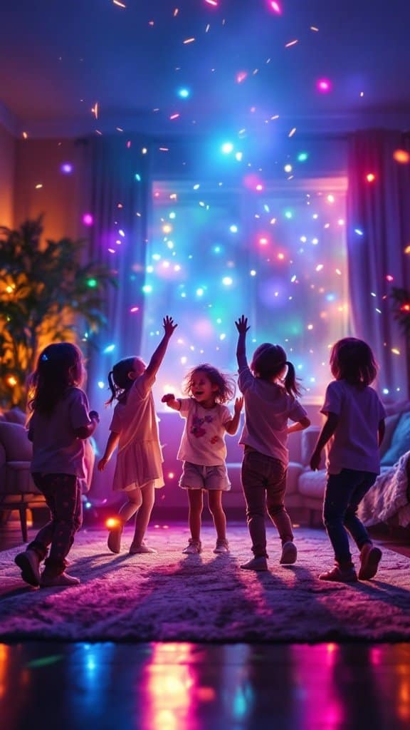 Children dancing joyfully in a colorful, lively setting with bright lights.