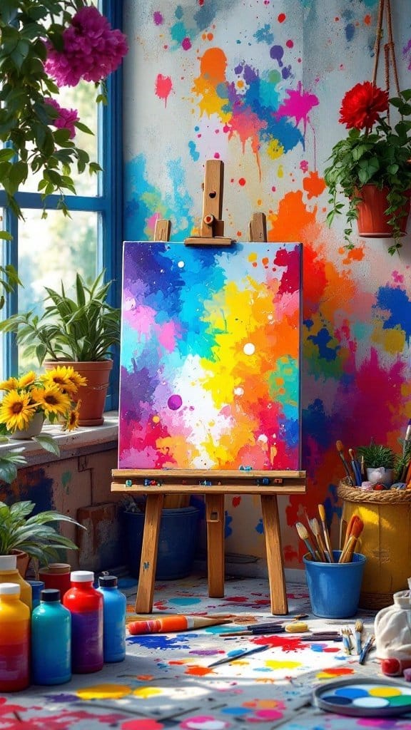 A colorful art studio with an easel, vibrant paint splatters, and plants