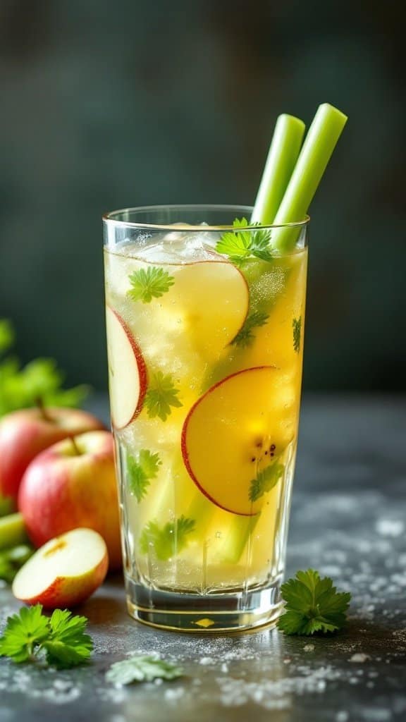 A refreshing glass of apple and celery juice with garnishes, surrounded by fresh apples and herbs.