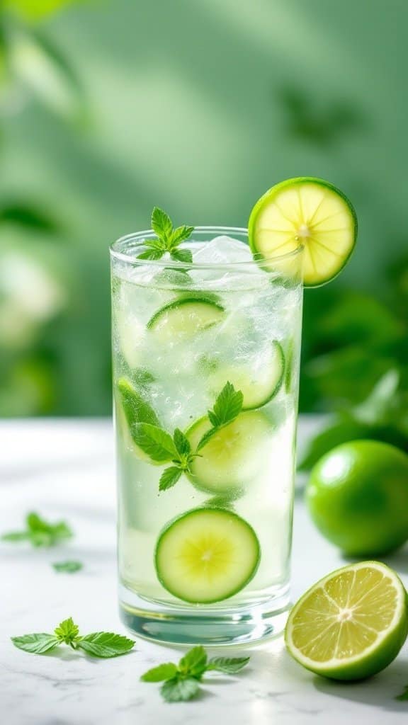 A refreshing cucumber and lime hydration drink with ice and mint leaves