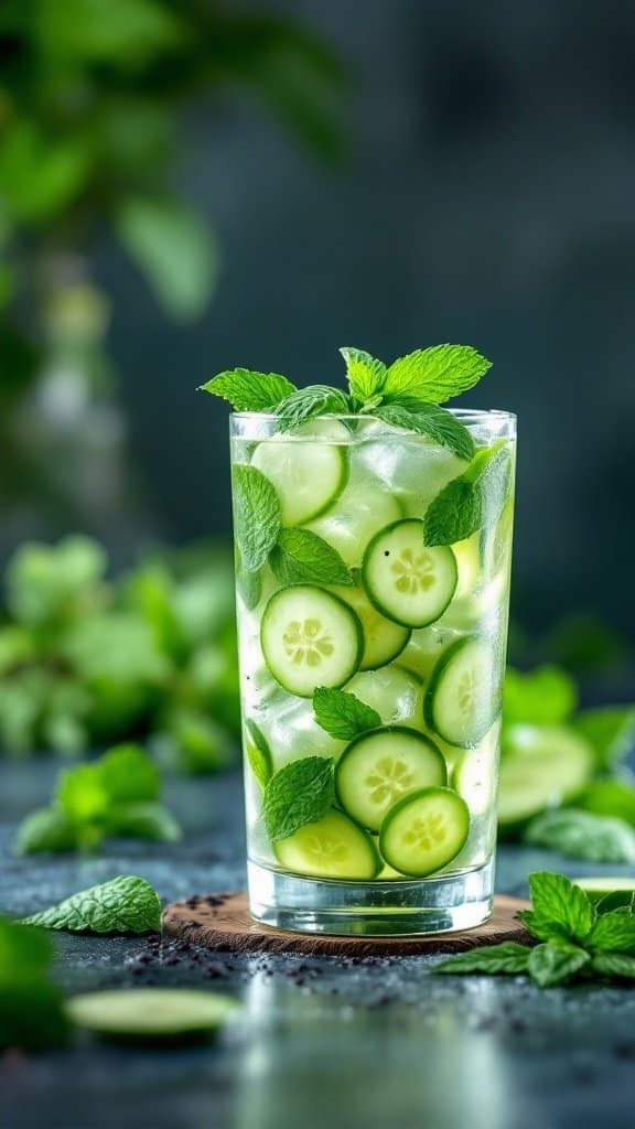 A refreshing glass of Cucumber Mint Cooler filled with cucumber slices and mint leaves