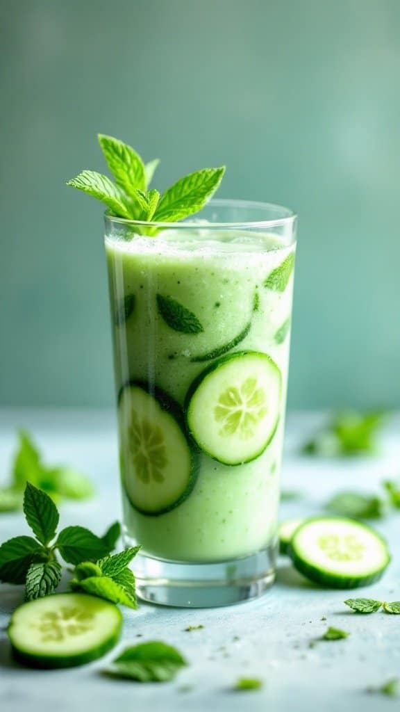 A tall glass of Cucumber Mint Cooler Smoothie garnished with cucumber slices and mint leaves.