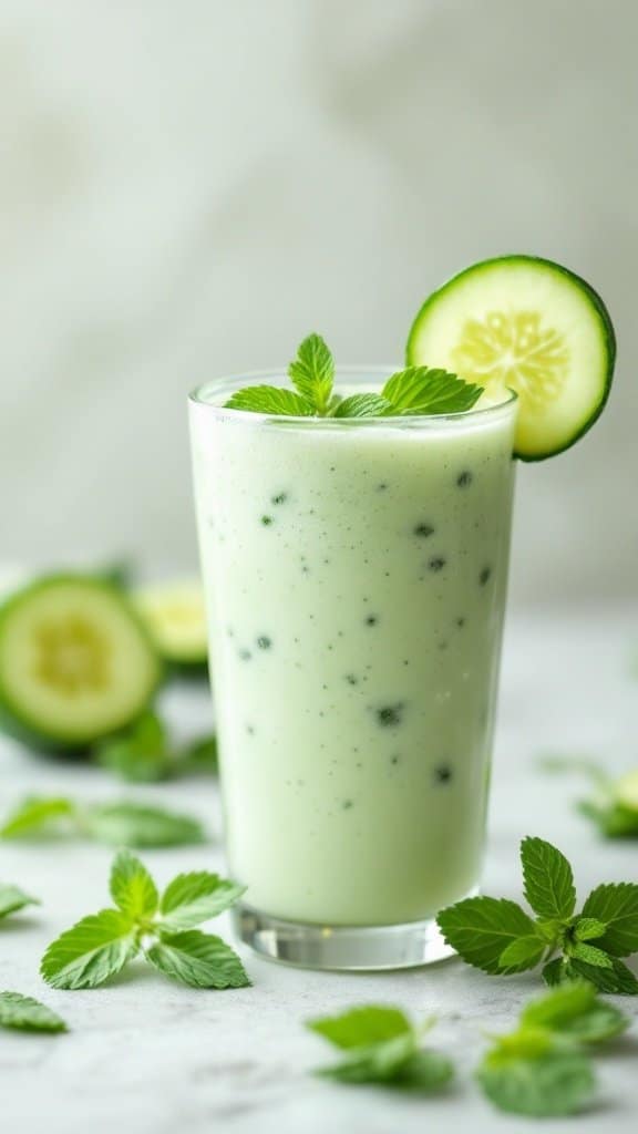A tall glass of cucumber mint green smoothie garnished with a cucumber slice and mint leaves, surrounded by fresh cucumber slices and mint leaves.