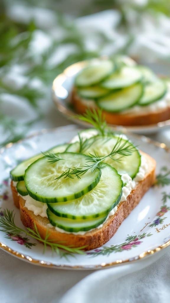 Cucumber sandwiches with cream cheese on a decorative plate, garnished with fresh herbs.