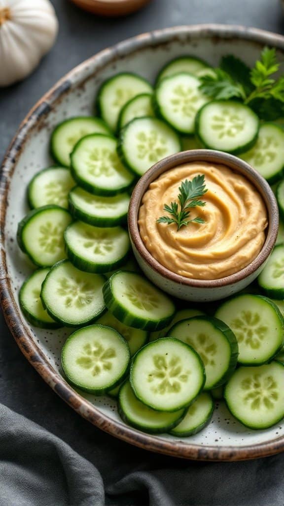 A plate of cucumber slices arranged around a bowl of hummus, garnished with a sprig of parsley.