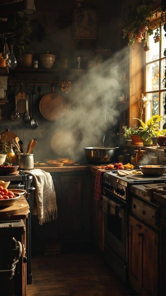 A cozy kitchen with pots and ingredients, evoking the warmth of comfort food cooking.