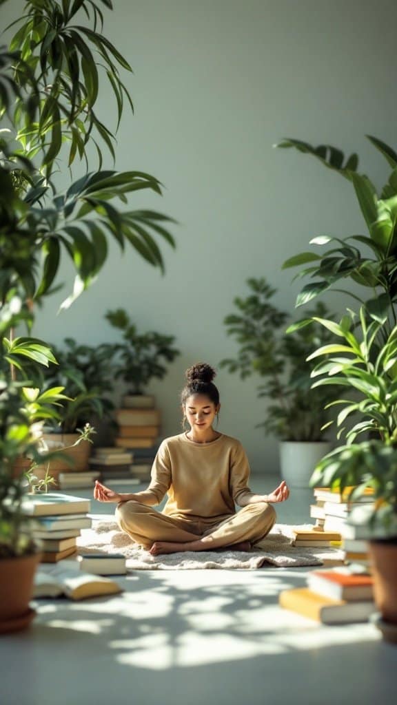 A woman meditating in a room filled with plants and books.