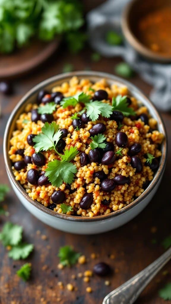 A bowl of cumin-spiced quinoa with black beans, topped with cilantro, served in a rustic setting.