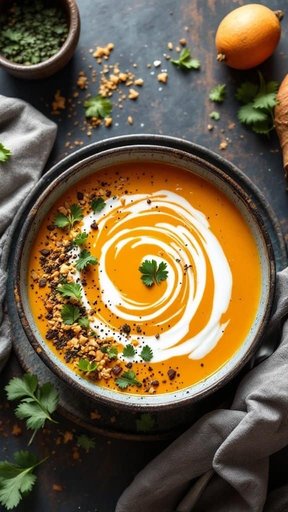 A bowl of Curried Butternut Squash Soup topped with yogurt swirl, cilantro, and nuts, with a rustic backdrop.