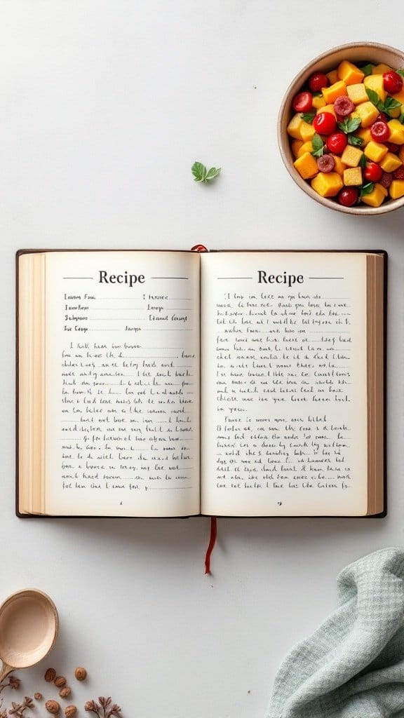 An open custom recipe book with handwritten recipes and a bowl of fresh fruit salad.