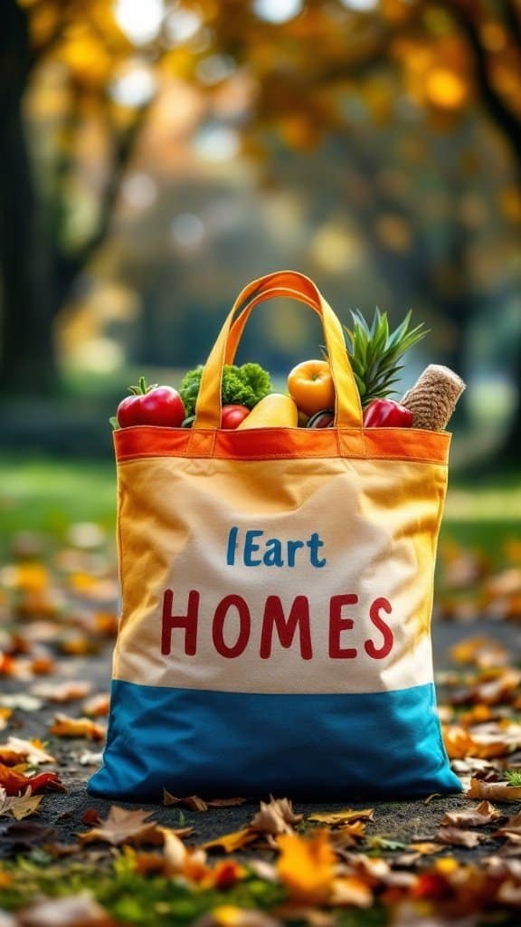 A customized tote bag filled with fruits and vegetables, featuring the phrase 'I Heart HOMES'