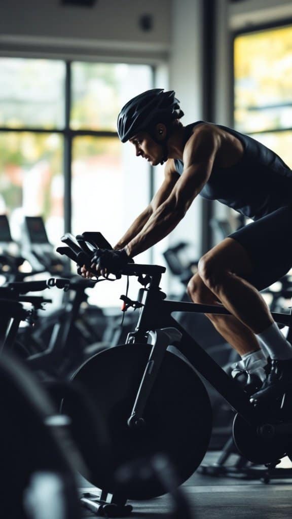 A focused cyclist on a stationary bike in a gym setting, emphasizing intensity and dedication.