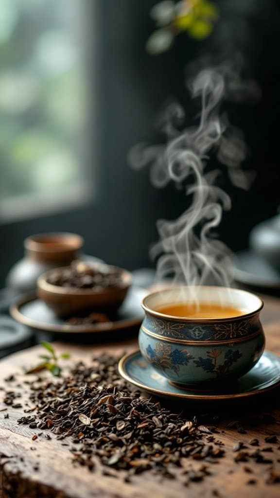 A steaming cup of Da Hong Pao tea with scattered tea leaves on a wooden surface.