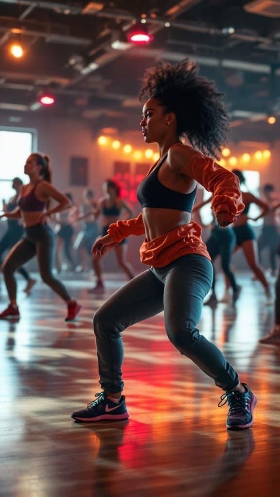 A lively dance cardio class with participants dancing energetically in a well-lit studio.