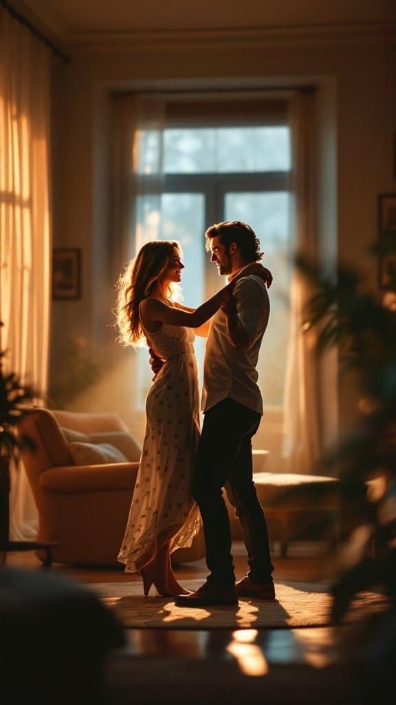 A couple dancing in a cozy, sunlit room, creating a romantic atmosphere.