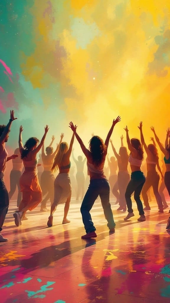 A vibrant group of people dancing together, filled with energy and joy, surrounded by colorful lights.