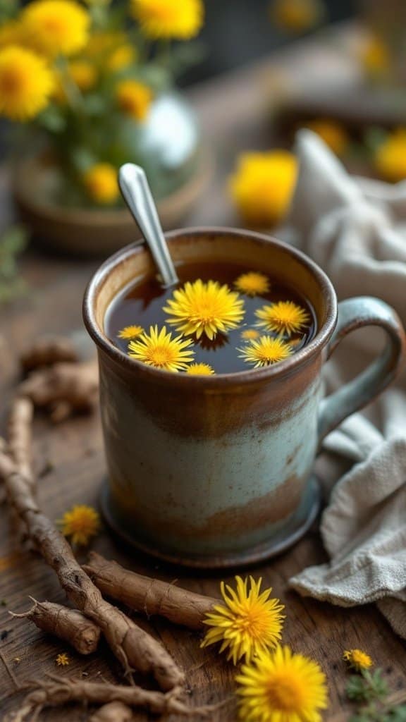 A cup of dandelion root tea with yellow flowers on top, surrounded by dandelion roots and flowers.