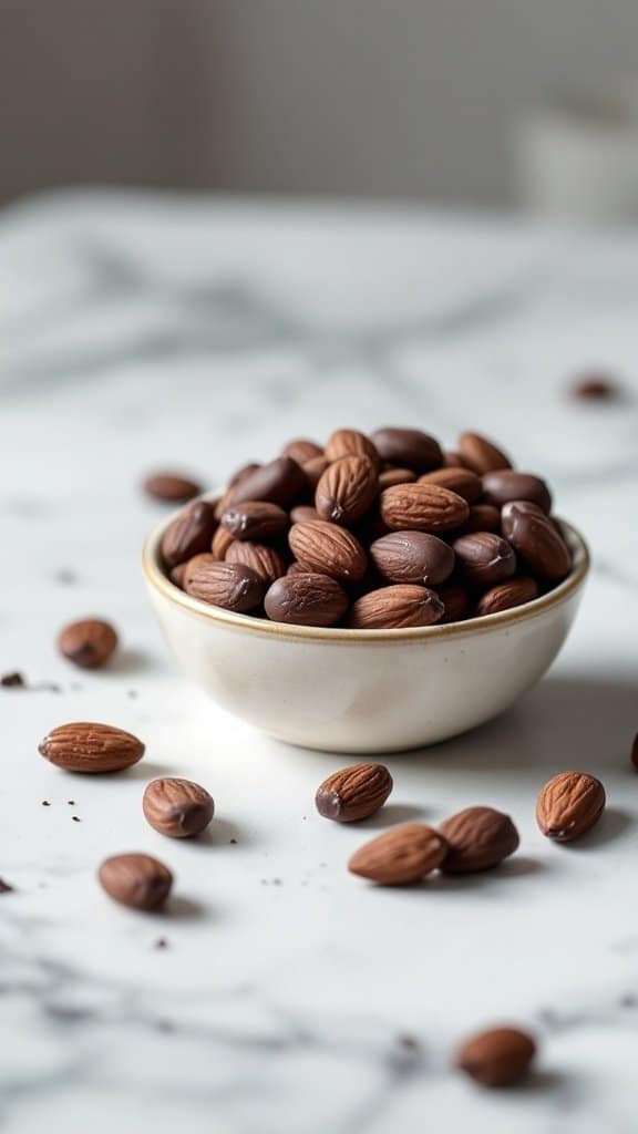 A bowl filled with dark chocolate covered almonds, surrounded by a few scattered almonds on a marble surface.