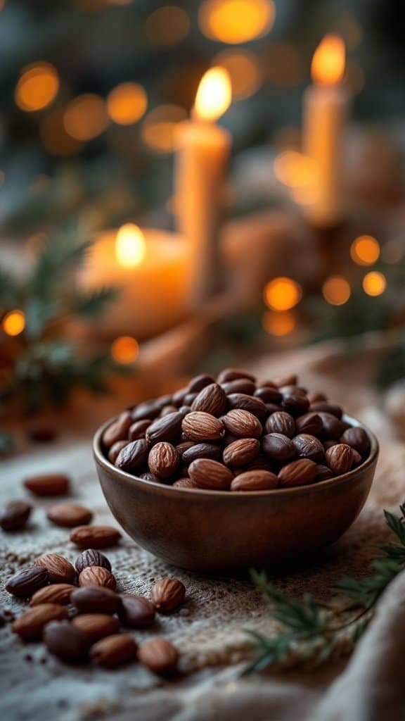 A bowl of dark chocolate covered almonds on a cozy table with candles in the background
