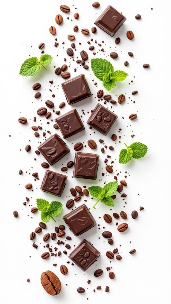 Dark chocolate squares with coffee beans and mint leaves