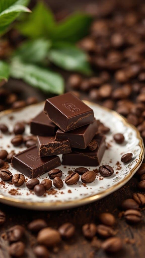 Rich dark chocolate squares on a plate with coffee beans