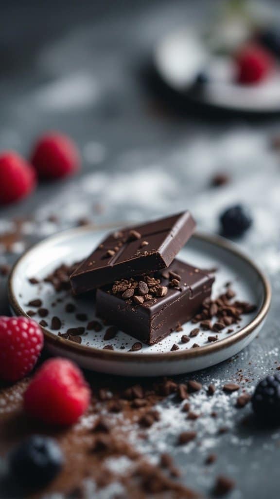 A plate of dark chocolate bars surrounded by fresh berries