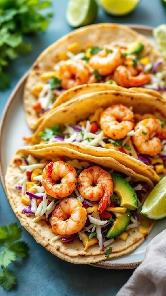 Delicious shrimp tacos with cabbage slaw, topped with fresh ingredients and a lime wedge.