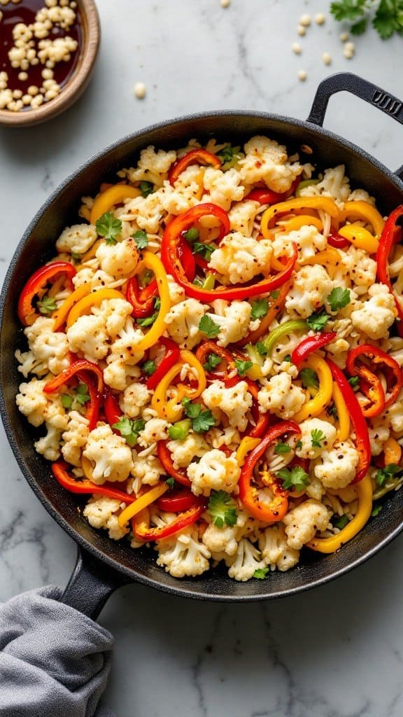 A skillet filled with colorful cauliflower rice stir-fry, featuring chopped cauliflower, red and yellow bell peppers, and fresh cilantro.