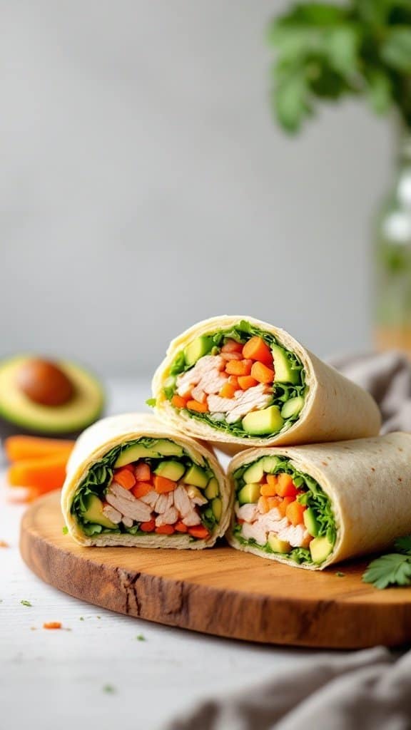 Turkey and avocado wrap with fresh vegetables on a wooden cutting board
