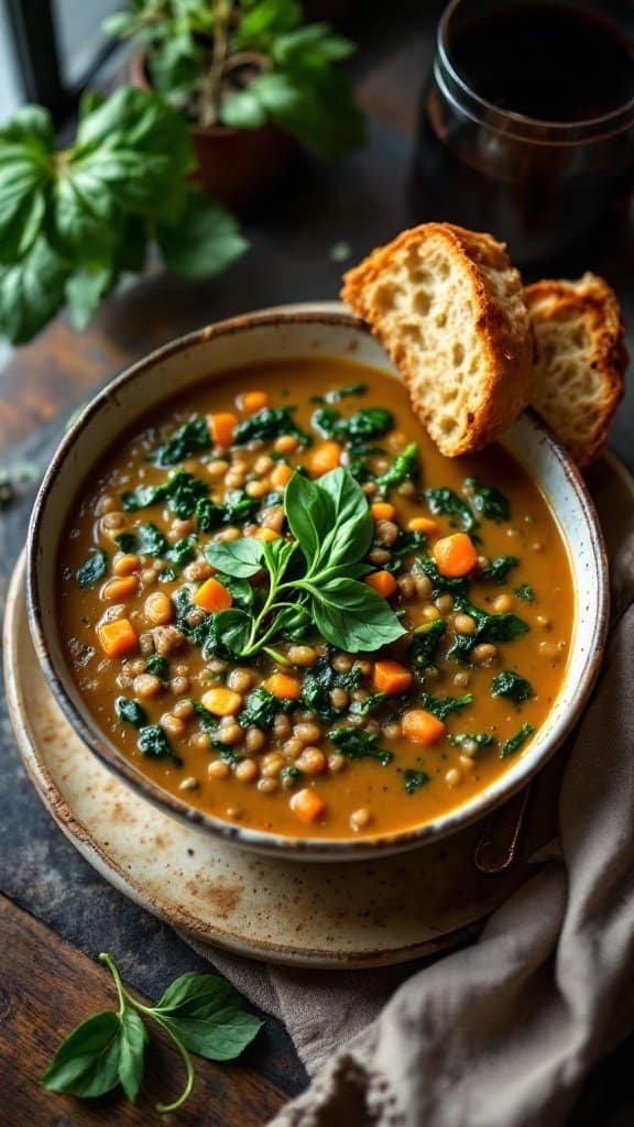 A bowl of lentil soup with spinach, garnished with fresh basil and served with a slice of rustic bread.