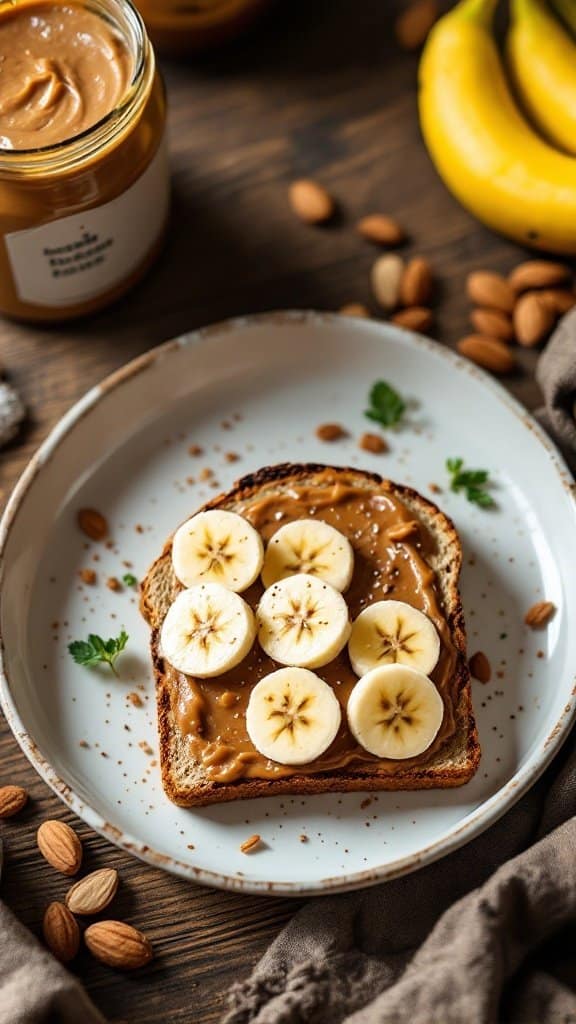A slice of whole grain toast topped with almond butter and banana slices, surrounded by almonds and a banana.