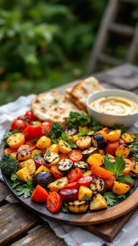 A colorful plate with grilled vegetables, hummus, and flatbread.