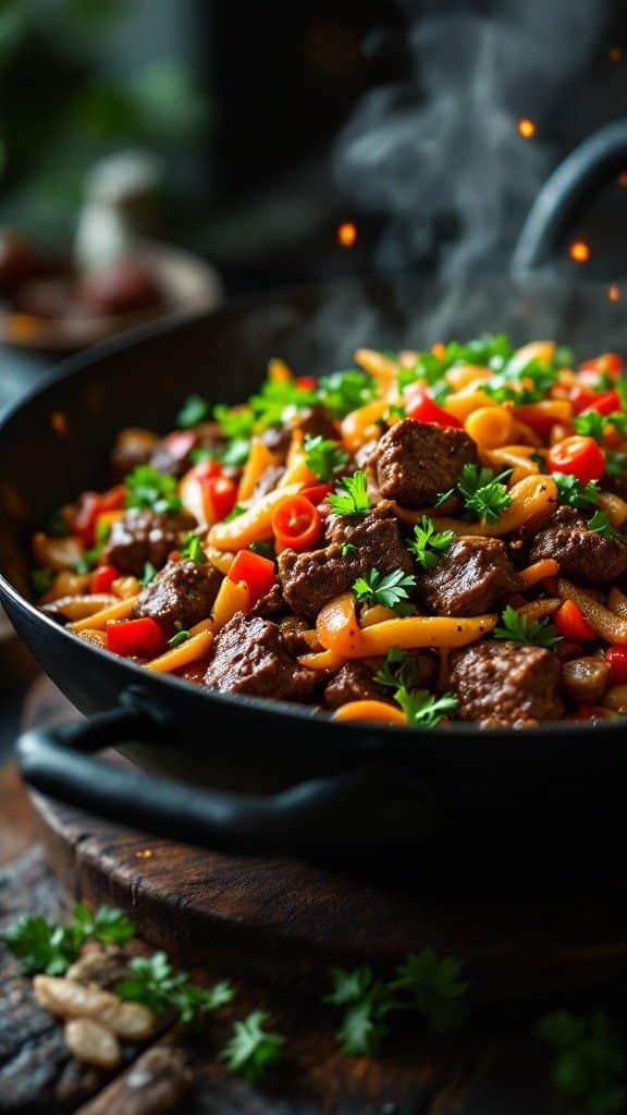 A delicious beef stir-fry with colorful vegetables and pasta in a black skillet, garnished with fresh herbs.