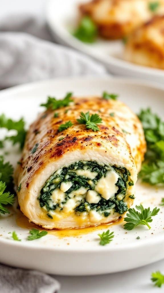 A plate of spinach and feta stuffed chicken, garnished with fresh herbs.