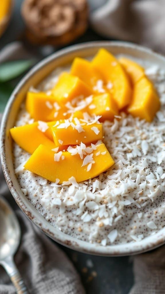 A bowl of coconut chia seed pudding topped with mango slices and shredded coconut.